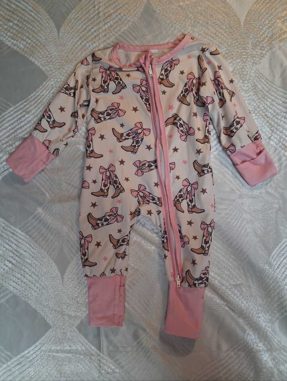 Baby Girls Pink Cowboy Boot Print One-Piece Pajamas 3-6M